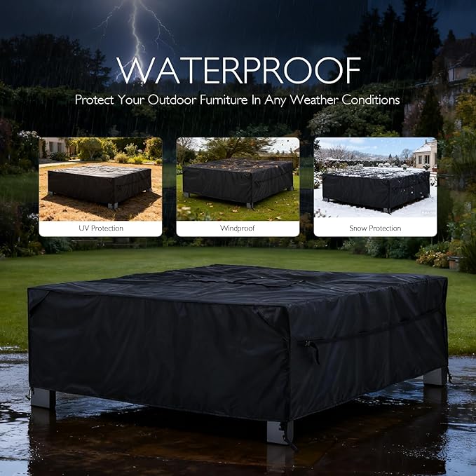 Patio Furniture Covers Waterproof - 420D Outdoor Table and Chair Set Cover with Built-in Storage Bag - Rectangular Patio Table Cover for 4-Seat Dining Set or Sectional Sofa - Black