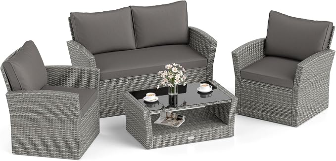 Tangkula 4 Pieces Patio Furniture Set, Outdoor PE Wicker Sectional Conversation Bistro Set with 2 Rattan Chairs, Loveseat, 2-Tier Tempered Glass Coffee Table and Cushions for Balcony, Garden (1, Gray)