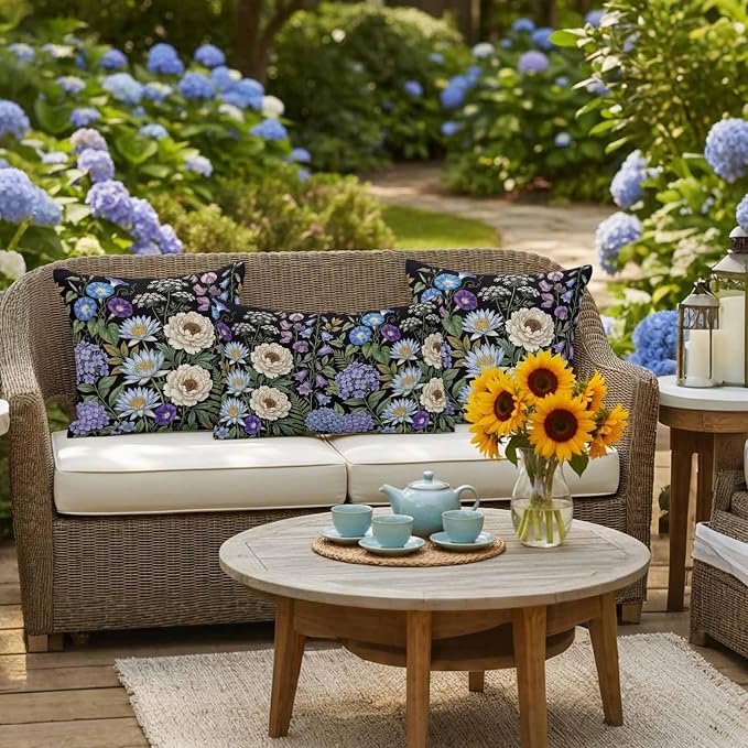 Water Lily Hydrangeas Ferns Outdoor Pillow Covers 16"x16" Set of 2, Botanical Vintage Waterproof Throw Pillow Covers for Patio Furniture, Decorative Cushion Covers for Porch