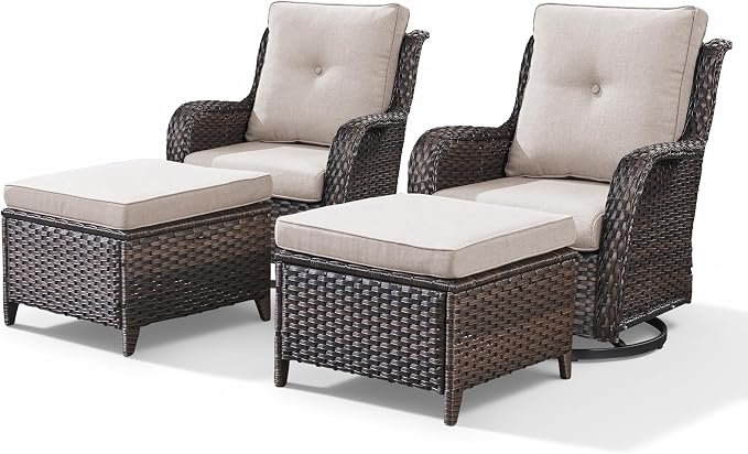 Belord Outdoor Swivel Chairs Set of 2,Patio Wicker Rocker Chairs with Ottomans, All Weather Patio Conversation Furniture Set, Ideal for Porch Balcony Deck Yard, Brown Wicker/Beige
