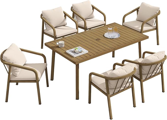7-Piece Patio Dining Set, Never-Rust Aluminum Outdoor Dining Set for 6, Rectangular Outdoor Table and Chairs Set with Washable Cushions, Patio Furniture Set for Poolside, Deck, Backyard, Teak