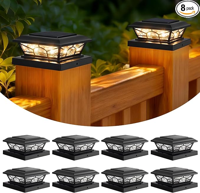 4x4 3.5x3.5 Solar Post Cap Lights 8-Pack Black | 2 Modes (Warm/Cool White), 16LEDs, for Wooden/Vinyl Posts, IP65 Waterproof, Outdoor, for Fence, Deck, Patio, Yard, Porch