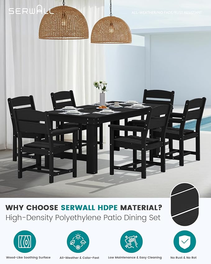 SERWALL HDPE Outdoor Dining Table and Chairs Set for 6 | with Oversized Chair Seat