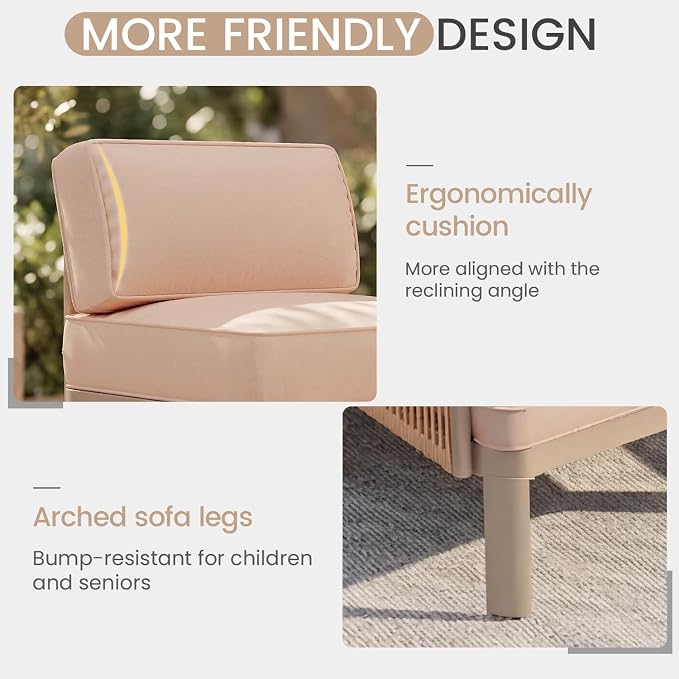 EROMMY 7 Pieces Patio Sectional Furniture Set, Metal Frame Outdoor Conversation Set with 6" Thick Cushions & Coffee Table, All-Weather U-Shape Sectional Sofa for Poolside, Deck, Backyard, Beige
