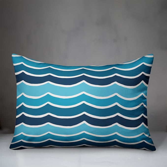 Waves Indoor/Outdoor Pillow | Decorative Pillows for Living Room Couch Bed Sofa Patio, Fluffy Soft Cushion | Water Resistant Blue, 14x20