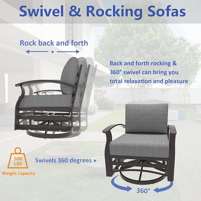 ALAULM Aluminum Patio Furniture Set with Coffee Table Rectangular, 5-seat Outdoor Sectional Furniture w/2 Swivel Chairs, Patio Conversation Set for Porch, Backyard, Poolside-Grey