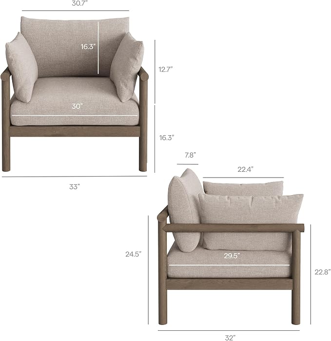 Modway Eleni 5-Piece Outdoor Teak Wood Patio Furniture Set in Weathered Gray Pebble – Backyard Conversation Set with Loveseat, 2 Armchairs, Side Table, and Coffee Table