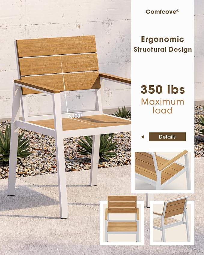 Outdoor Dining Set for 6, Aluminum Patio HDPS Outdooor Table and Chairs Set with Umbrella Hole, All Weather Patio Furniture Set, 7 Peice Patio Dining Table Set (White & Teak)