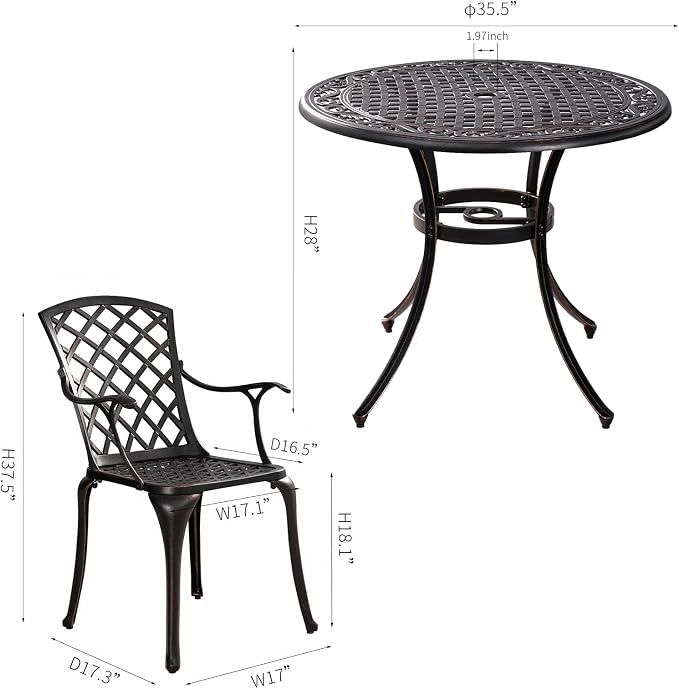 5 Pieces Outdoor Patio Dining Set, 36" Metal Outdoor Dining Set with 1.97" Umbrella Hole, Anti Rust Patio Furniture Set with 4 Chairs and Round Table for Garden, Porch and Poolside, Bronze
