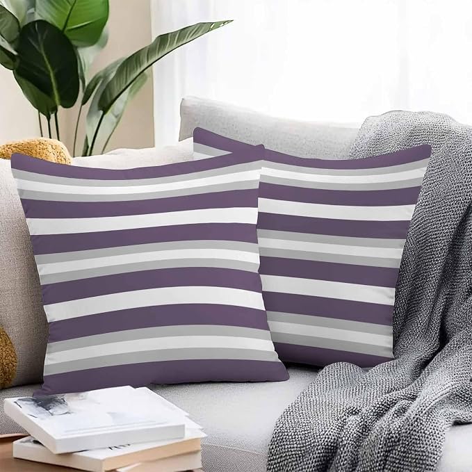 Throw Pillow Covers 20x20 Inch Set of 2, Purple Grey Stripe Waterproof Outdoor Pillow Covers, Minimalist Farmhouse Striped Decorative Cushion Pillowcases for Couch, Sofa, Bed, Garden, Patio