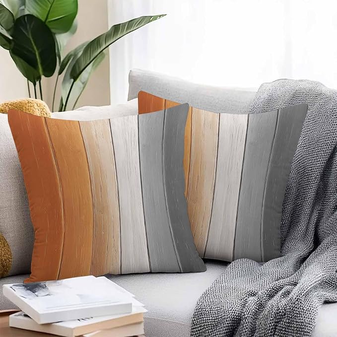 Throw Pillow Covers 24x24 Inch Set of 2, Burnt Orange Gray Ombre Waterproof Outdoor Cushion Covers, Vintage Farmhouse Wooden Decorative Pillowcases for Couch, Sofa, Bed, Garden, Patio