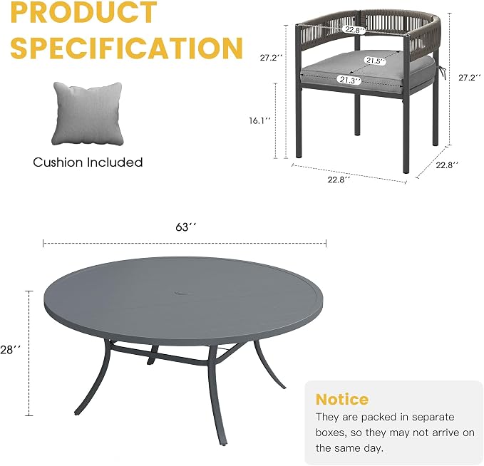 VICLLAX Patio Dining Set for 8-63" Round Table & Cushioned Seats, Grey