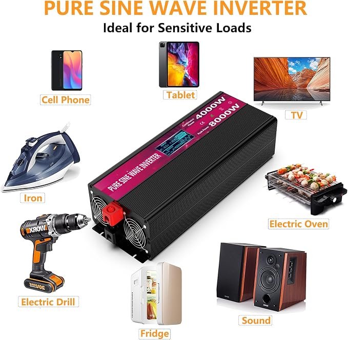 4000W Pure Sine Wave Power Inverter 12V DC to 110V/120V AC, 8000W Peak with Remote Control, 4 AC Outlets, Dual USB, LED Display, Heavy Duty Converter for RV, Truck, Solar System, Off-Grid & Emergency