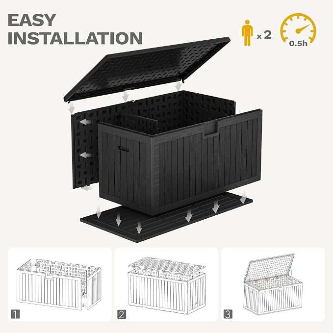 DWVO 260 Gallon Resin Outdoor Storage Box, XXL Double-Wall Waterproof Deck Box with Divider, Doubles as Table or Seating with 1000 lbs Capacity, Lockable (Black)