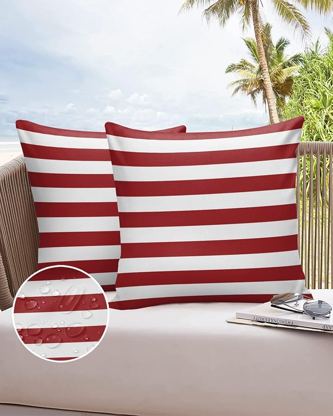 Outdoor Waterproof Pillow Covers for Patio Furniture Merry Christmas Decorative Throw Pillow Cover Red And White Stripes Pillowcases Set of 2 Cushion Case for Sofa Couch Chair Home Decor 26 x 26 In