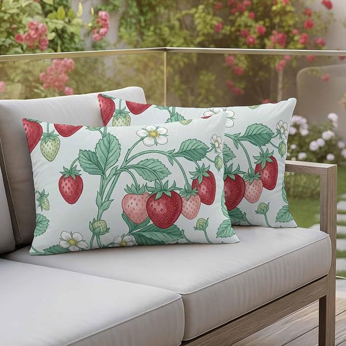 Strawberry Leaves Outdoor Pillow Covers 20"x12" Set of 2, Watercolor Red Pink Fruit Floral Mint Green Waterproof Throw Pillow Covers for Patio Furniture, Decorative Cushion Covers for Porch