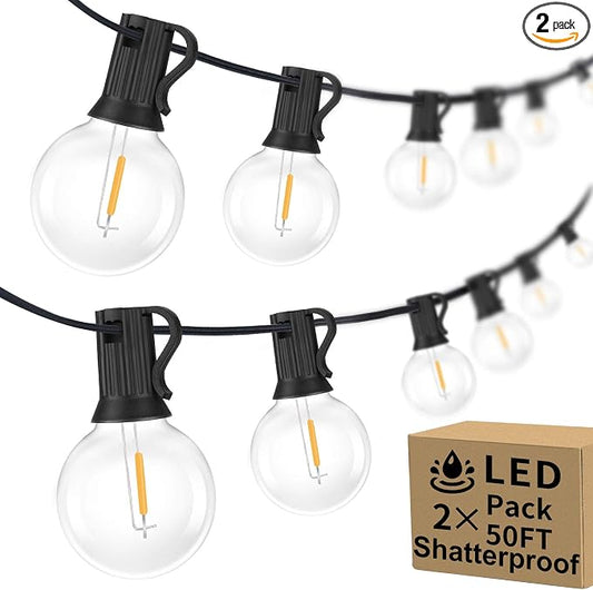 100ft 2-Pack Outdoor String Lights, G40 LED Globe Waterproof Patio Lights | 52 Shatterproof Edison Bulbs, Dimmable, Plug-In, Connectable, Commercial Hanging Lights for Porch Backyard Party Decor