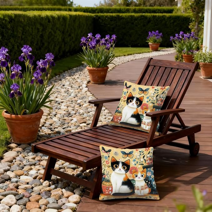 20x20 Inch Outdoor Pillow Covers Set of 2 Waterproof Throw Pillow Covers Decorative Couch Cushion Covers Charming Boho Floral Cats Square Pillowcases Protectors for Patio Garden Sofa