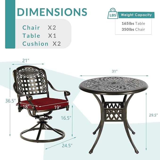 MEETWARM 3-Piece Outdoor Patio Dining Set, All-Weather Cast Aluminum Patio Conversation Set with 2 Cushions Swivel Rocker Chairs and 31" Round Table for Backyard Garden Deck, Umbrella Hole, Chili Red
