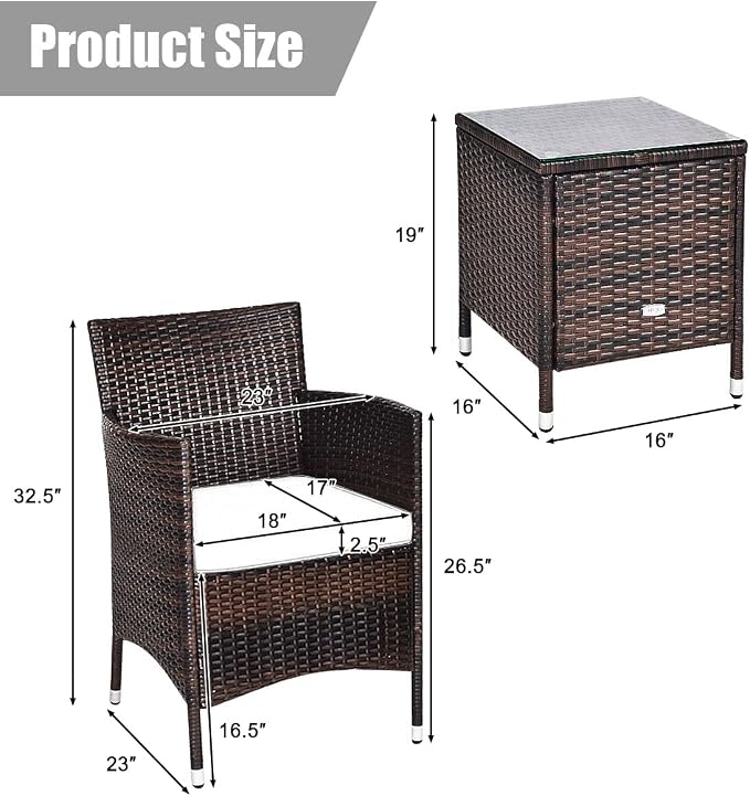 Tangkula Patio Furniture Set 3 Piece, Outdoor Wicker Rattan Conversation Set with Coffee Table, Chairs & Thick Cushions, Suitable for Patio Garden Lawn Backyard Pool (Off-White)