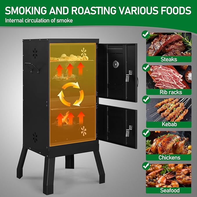 40" Vertical Steel Charcoal Smoker Grill,Heavy Duty BBQ Grills,Outdoor Camping Backyard Barbecue Grill,Metal Barbecue Smokers,with Thermometer,for Patio Garden Beach Porch Lawn Yard (Black)