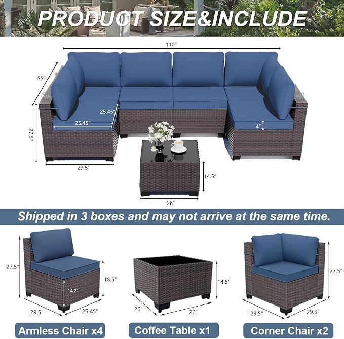 ALAULM Patio Furniture Set with Coffee Table, 7 Pieces Outdoor Sectional with Wide Seat and Thick Cushion, All Weather Wicker Rattan Conversation Set for Backyard, Garden, Deck, NavyBlue