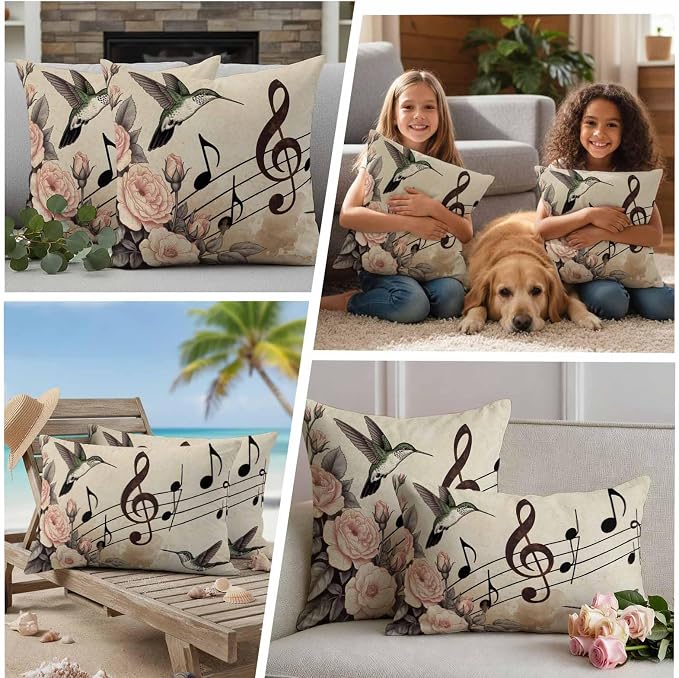 Outdoor Waterproof Throw Pillow Covers Set of 2 Honeybirds Pillowcases 24x24 Inches Roses Retro Music Decorative Pillows Cushion Case Patio Pillows for Couch Bed Chair Garden