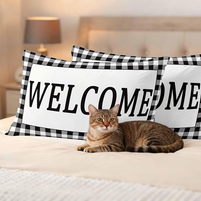 Welcome Black Outdoor Pillow Covers Set of 2 White Buffalo Check Plaid Waterproof Throw Pillow Cover Decorative Cushion Cases for Patio Porch Garden 20X12 Inch