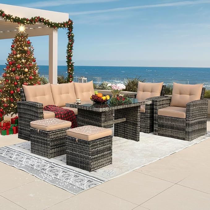 6 Pieces Patio Furniture Set - All-Weather Outdoor Wicker Sectional Conversation Sofa, Rattan Patio Seating Sofa Set with 4'' Cushion and Glass Table for Porch Poolside, Brown