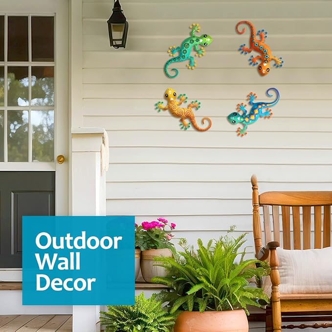 4 Pcs Metal Gecko Outdoor Decorations - Metal Lizards Wall Art Hanging Sculpture Decoration for Garden Yard Fence Porch Exterior Wall Decor