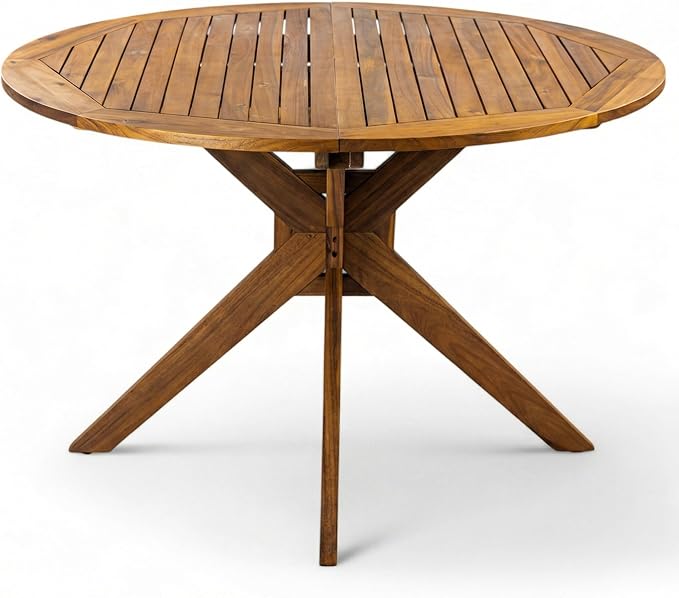 Christopher Knight Home Pusla Acacia Wood Patio Dining Set for 4, Wood&Metal Outdoor Dining Table Set for 4, Round Dining Table and Chairs Set of 4 with Cushion, Teak+Grey+Black