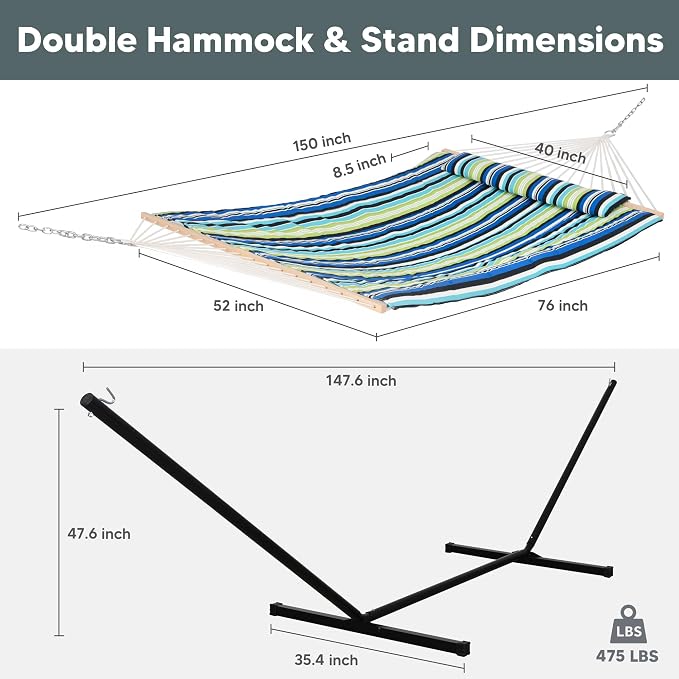 SUNCREAT Hammocks Double Cotton Rope Hammock with Polyester Pad, Heavy Duty Hammock with Steel Stand, Blue&Green