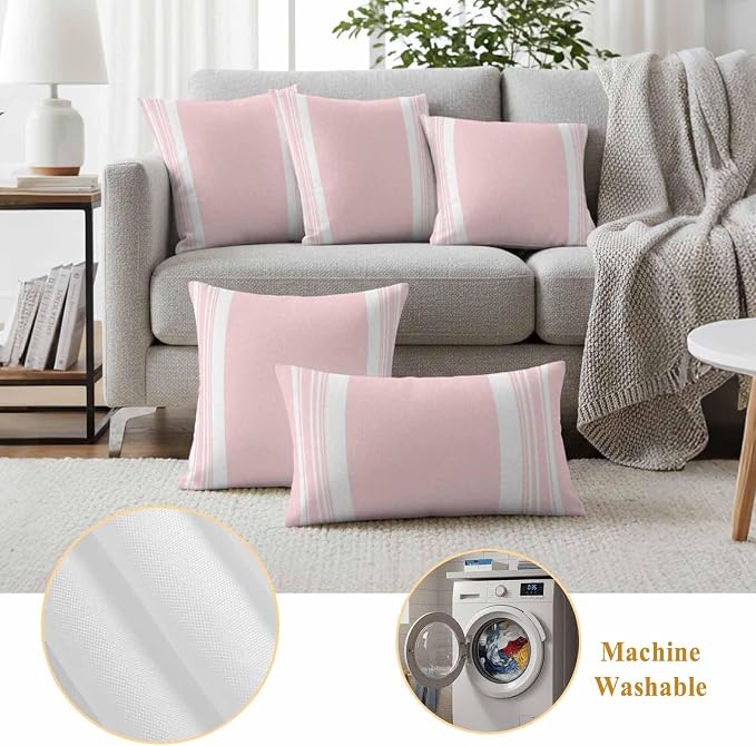 Farmhouse Pink Outdoor Waterproof Throw Pillow Covers 18x18 Set of 2, Aesthetic Modern Line Striped Decorative Pillowcases Cushion Pillowcase for Couch Sofa Patio Outside Pillow Protector