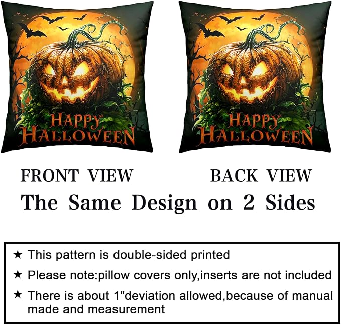 Halloween Throw Pillow Covers Scary Pumpkin Pillow Covers 22x22 Set of 2 Full Moon Bat Pillow Cases Jack-O'-Lantern Cushion Cases for Home Farmhouse Bedroom Living Room Sofa Couch