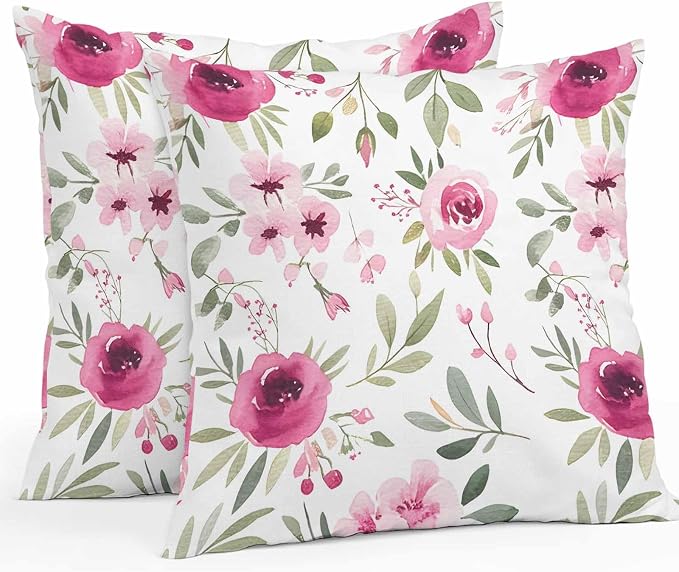 Vandarllin Outdoor Throw Pillows Covers 26x26 inch Set of 2 Waterproof Pink Flowers Decorative Zippered Cushion Covers for Patio Furniture, Floral Leaves Plant Lumbar Pillowcases