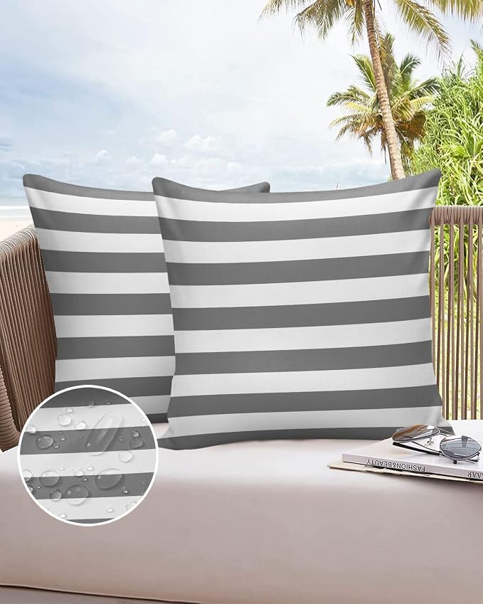 Outdoor Waterproof Pillow Covers for Patio Furniture Grey and White Stripes Decorative Throw Pillow Cover Solid Striped Pillowcases Set of 2 Cushion Case for Sofa Couch Chair 24 x 24 in