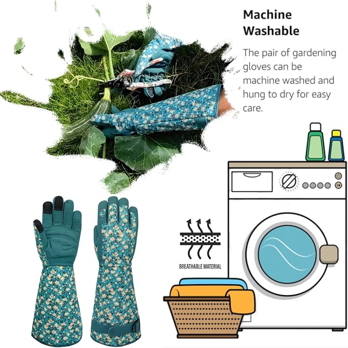 Thornproof Rose&Cactus Gardening Gloves,Gauntlet Garden Glove,Gifts | Canvas,Cute Floral Pattern,Leather Palm,Touchscreen,Durable Material,Garden Gift,Men&Women,Machine Washable,Adjustable Cuff