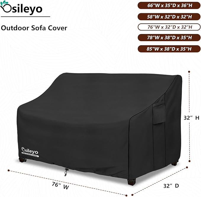 Patio Sofa Covers,100% Waterproof 2-Seater Outdoor Loveseat/Bench Cover,Patio Furniture Covers,76" Wx 32" Dx 32" H Black