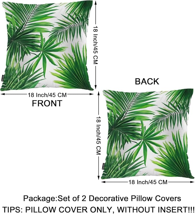 Swono Palm Leaves 2Pcs Throw Pillow Covers for Men Women, Tropical Palm Leaf Jungle Tree Bedding Throw Pillowcase 18 X 18 Inch, Decorative Pillow Cushion Cover for Couch Sofa Bed Home