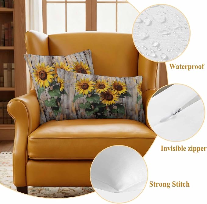 Wooden Sunflower Waterproof Outdoor Pillow Covers Set of 2 Home Decor, Farmhouse Vintage Wooden Floral Pillowcase Patio Pillow Covers for Couch Bench Furniture Garden 26x26in