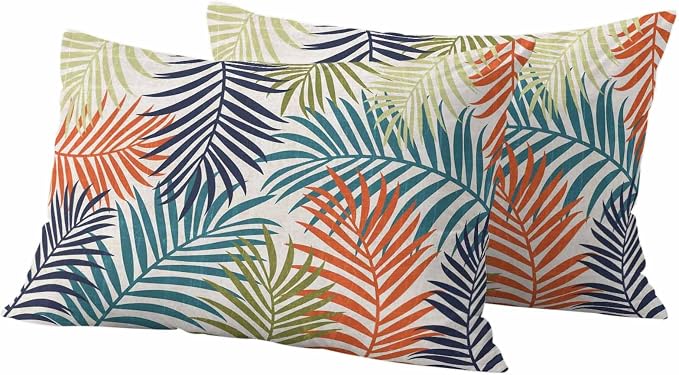 Green Blue Palm Leaves Outdoor Pillow Covers 20"x12" Set of 2, Summer Botanical Vintage Tropical Leaf Rustic Waterproof Throw Pillow Covers for Patio Furniture, Decorative Cushion Covers for Porch
