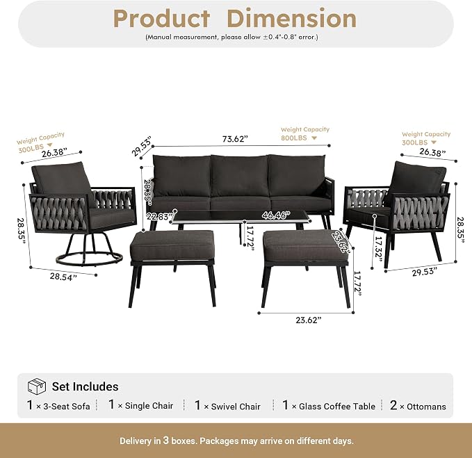 Weaxty Modern Patio Furniture Set 6 Piece, Rope Outdoor Patio Conversation Sets Sectional Sofa Swivel Chairs Table Ottoman, All Weather Metal Balcony Furniture for Backyard Garden, Black