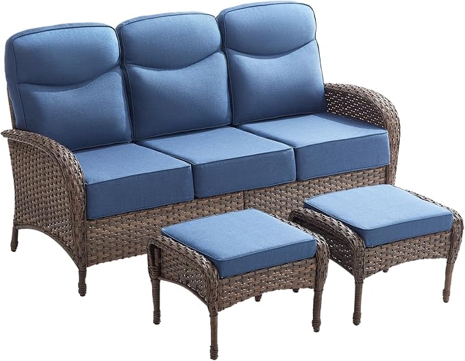 3-Piece Luxury Patio Furniture Sofa Set with 6-Inch Thick Cushions– Outdoor Wicker Conversation Set with Covered Couch, Multifunctional Ottoman & All-Weather Seating for Backyard, Porch, Garden Blue