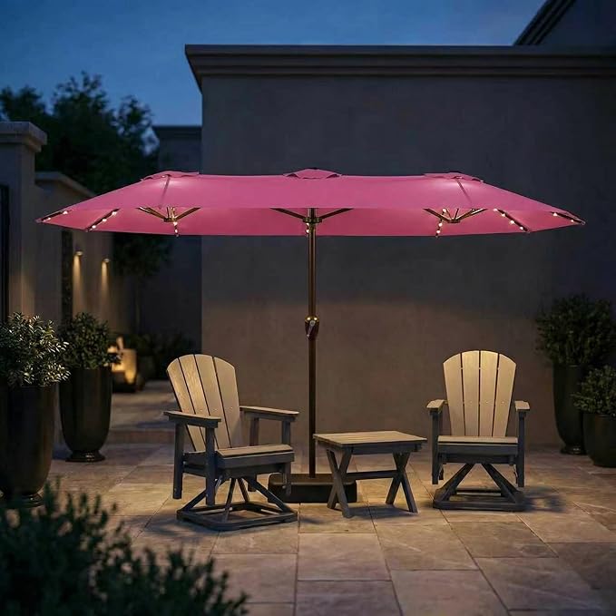 15FT Patio Umbrella with Solar Lights, Double-Sided Extra Large Outdoor Table Umbrella with Base Included, Heavy-Duty 12 Iron Ribs Market Umbrella for Garden, Pool, Backyard, Rose Pink