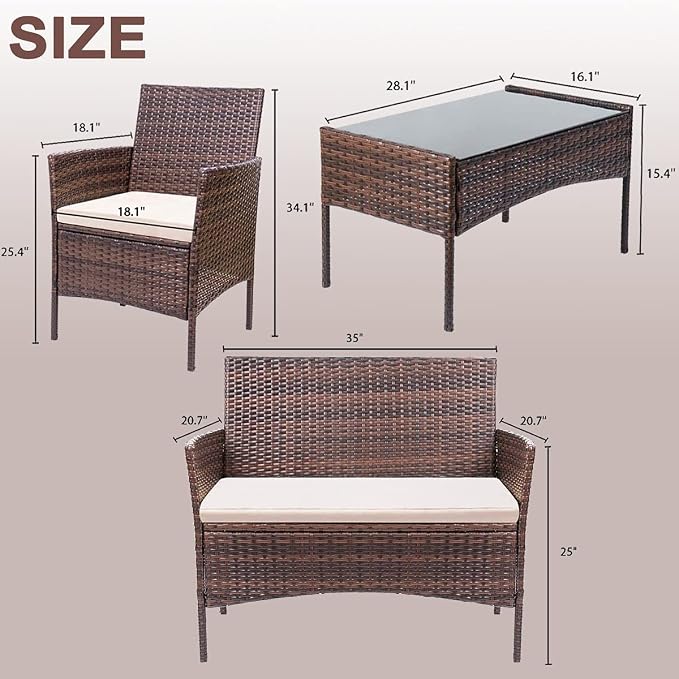 Zanzio Patio Furniture Set, 4 Pieces Porch Backyard Garden Outdoor Furniture Rattan Chairs and Table Wicker Conversation Set with Beige Cushions, Black-Brown