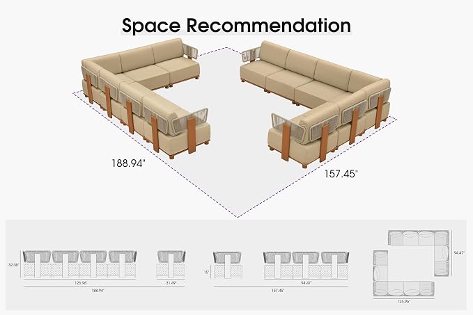 PURPLE LEAF Patio Furniture Set Modular L-Shaped Outdoor Sectional Sofa with 11" Thick Olefin Cushion 12-Piece Outdoor Conversation Set with Coffee Lights for Patio Backyard Garden Poolside, Beige