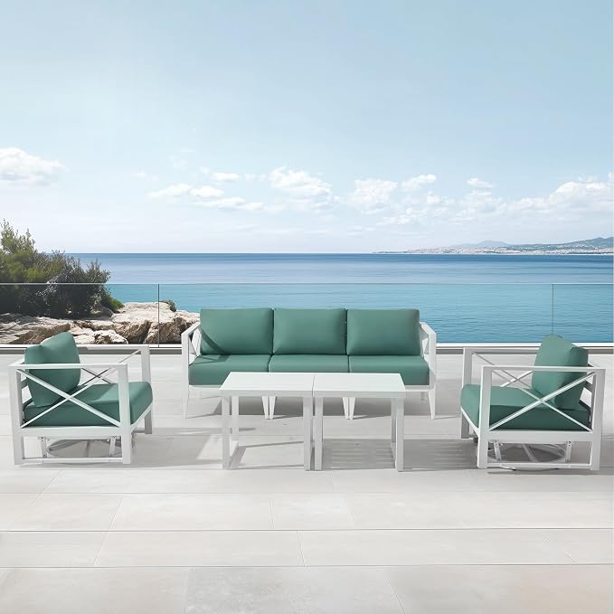 Aluminum Patio Furniture Set, 5-Seat Outdoor Conversation Set with 2 Swivel Rocking Chairs & 2 Coffee Tables, Weather-Resistant Sofa Set for Poolside, Garden, Backyard – White
