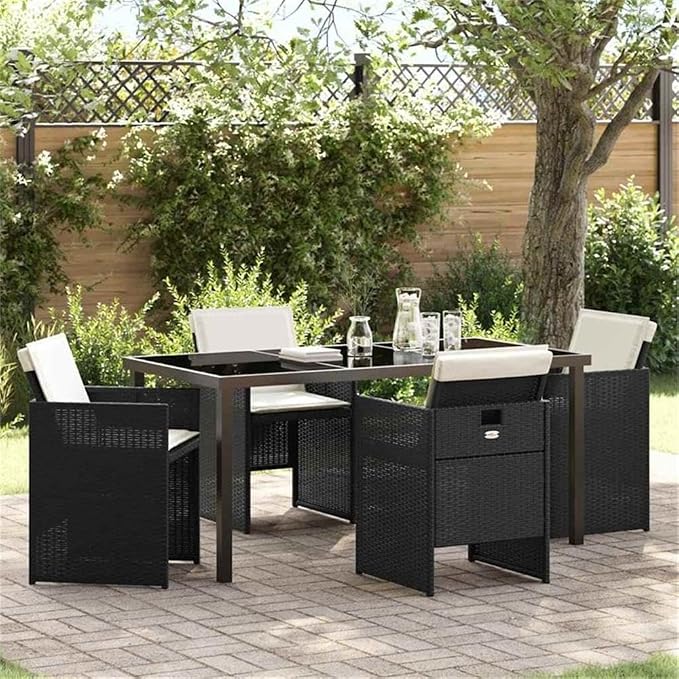 Afuera Living 5-Piece Poly Rattan Garden Dining Set, Black Finish, Metal Frame and Tempered Glass Tabletop, Modern Patio Furniture for Outdoor Meals, Weather-Resistant Seating for 4