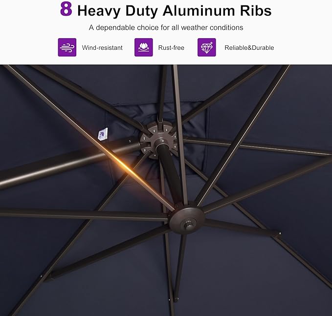 PURPLE LEAF 8' X 8' Cantilever Patio Umbrella with Base Included Antique Bronze Square Umbrella with 360° Rotation and Aluminum Offset Hanging Outdoor Umbrella for Pool Garden Backyard Deck, Navy Blue