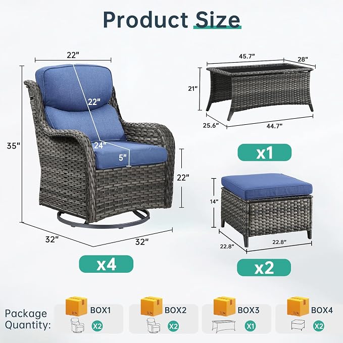 Outdoor Swivel Rocker Patio Chairs Set of 4 with Ottoman Coffee Table - 5" Thick Cushion 7 Piece Furniture Set All Weather Comfortable Wicker Conversation Set for Porch Deck - Gray/Blue